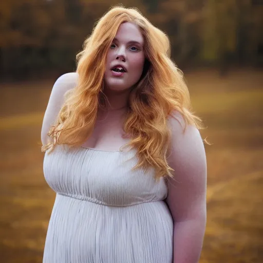 Image similar to brooke ashling, a curvy, radiant, bubbly, 2 5 - year - old canadian plus - size model, long strawberry - blond hair, creamy skin, portrait, 8 5 mm canon f 1. 2 lens, inspired by diane arbus photography, roger deakins cinematography