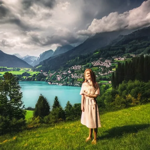 Image similar to a beautiful photograph of a girl with switzerland landscape in the background with trees, hdr, 8 k, high quality, sharp focus, artstation, highly detailed, award - winning, dramatic lighting, beautiful clouds, and nature