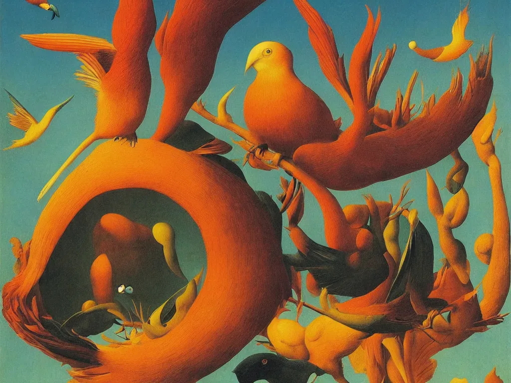 Prompt: beautiful exotic bird is covering the sun. Jan van Eyck, Audubon, Rene Magritte, Agnes Pelton, Max Ernst, Walton Ford