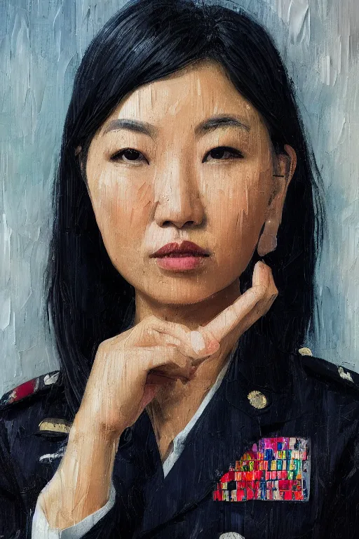 Image similar to palette knife oil painting portrait of a female asian police psychiatrist, extreme detail, artstation trending, artgerm, deviant art, octane, substance, art history 8 k