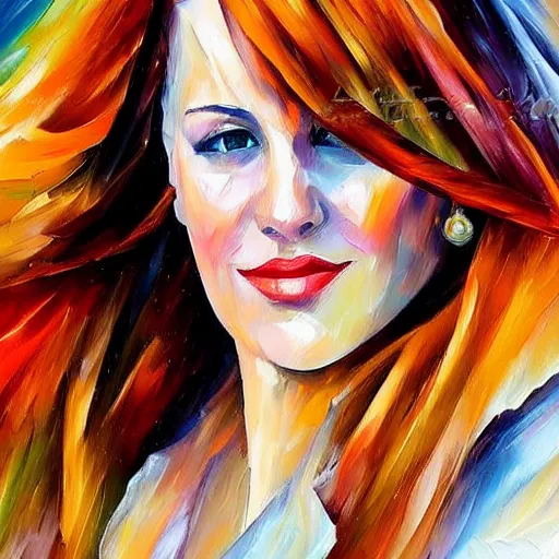 Prompt: beautiful redhead woman, painted by leonid afremov, closeup