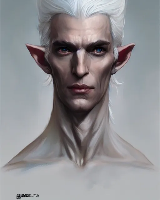 Prompt: character portrait of a slender half - elven man with white hair, by greg rutkowski, mark brookes, jim burns, tom bagshaw, trending on artstation