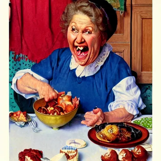 Prompt: hyper realistic hight detailed grandmother with a big mouth eating babies andivan shishkin on the table in the russian kitchen, by norman rockwell, bright colors, 4 k, 1 6 k, 3 2 k, photorealistic, cartoon style