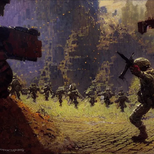 Image similar to soldiers being killed by fantasy minecraft creeper, painting by Gaston Bussiere, Craig Mullins