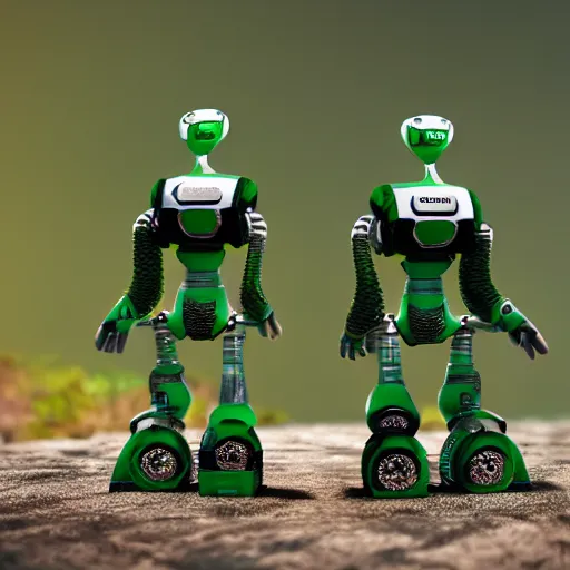 Image similar to hitech green antropomorphic robots in a reservation, photorealistic, 30 mm, ultra detail, cinematic style