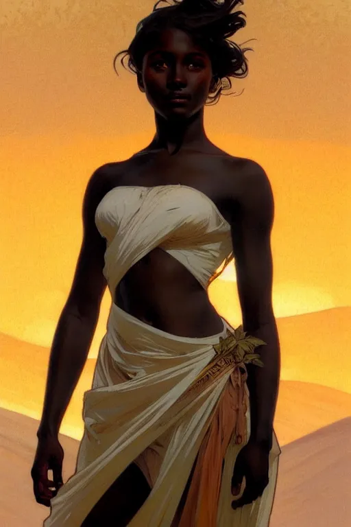 Prompt: full figure dark skin young girl, luminous scene, by greg rutkowski and alphonse mucha, d & d character, gradient white to gold, in front of a dune desert background, highly detailed portrait, digital painting, artstation, concept art, smooth, sharp focus illustration, artstation hq