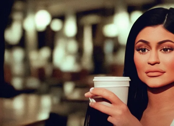 Prompt: a close - up, color cinema film still of kylie jenner drinking coffee at a starbucks, ambient lighting at night, from matrix ( 1 9 9 9 ).