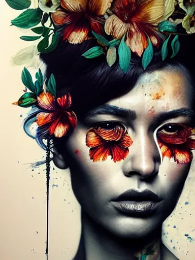 Prompt: double exposure, portrait of florence jones with a floral background : : painted by artgerm, karol bak, artur bordalo, sandra chevrier : : portrait, character, illustration, hyperrealism, photorealism