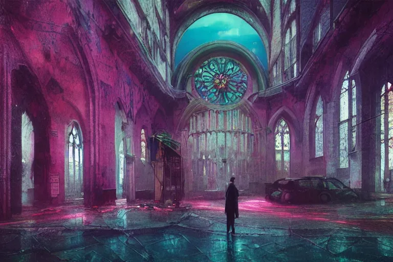 Image similar to abandoned 9 0 s cathedral interior with large organic circular windows, rain like a dream, oil painting, cinematic, dramatic, volumetric lighting, cyberpunk, basquiat + francis bacon + gustav klimt + beeple, elevated street art, fantasy lut, textural, pink, blue, purple, green,