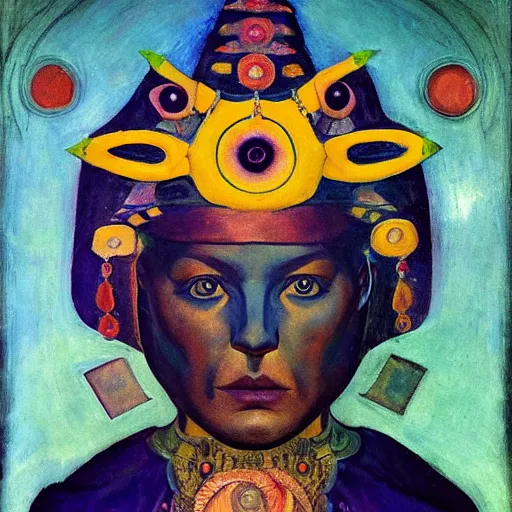 Prompt: the eyeball crown, by Annie Swynnerton and Nicholas Roerich and Diego Rivera, bioluminescent skin, elaborate costume, geometric ornament, symbolist, rich color, dramatic cinematic lighting, smooth, sharp focus, extremely detailed