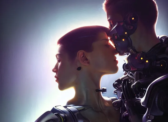 Image similar to ultra realistic medium shot of a couple of cyborgs kissing, lovers, cyberpunk, sci - fi, fantasy, kodak, colour led lighting, soft light, volumetric lighting, fog, rays, night, intricate, highly detailed, digital painting, concept art, smooth, sharp focus, illustration, art by artgerm and greg rutkowski and alphonse mucha