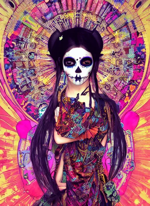 Image similar to cute punk goth fashion hippy fractal Día de los Muertos android girl wearing kimono made of light posing by Zhang Jingna, psychedelic poster art of by Victor Moscoso Rick Griffin Alphonse Mucha Gustav Klimt Ayami Kojima Amano Charlie Bowater, masterpiece