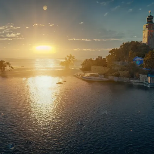 Image similar to lviv island on the sea, 8 k ultra realistic, lens flare, atmosphere, glow, detailed, intricate, full of colour, led lighting, 4 k, hyperrealistic, focused, extreme details, unreal engine 5, masterpiece