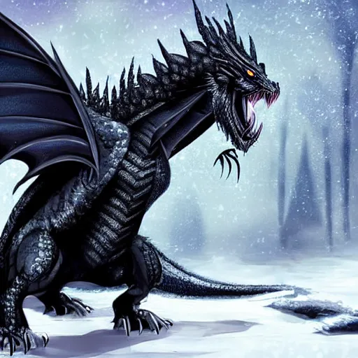 Prompt: handsome cute black dragon in snowy forest, dnd character, background focus, fantasy, magic, realistic