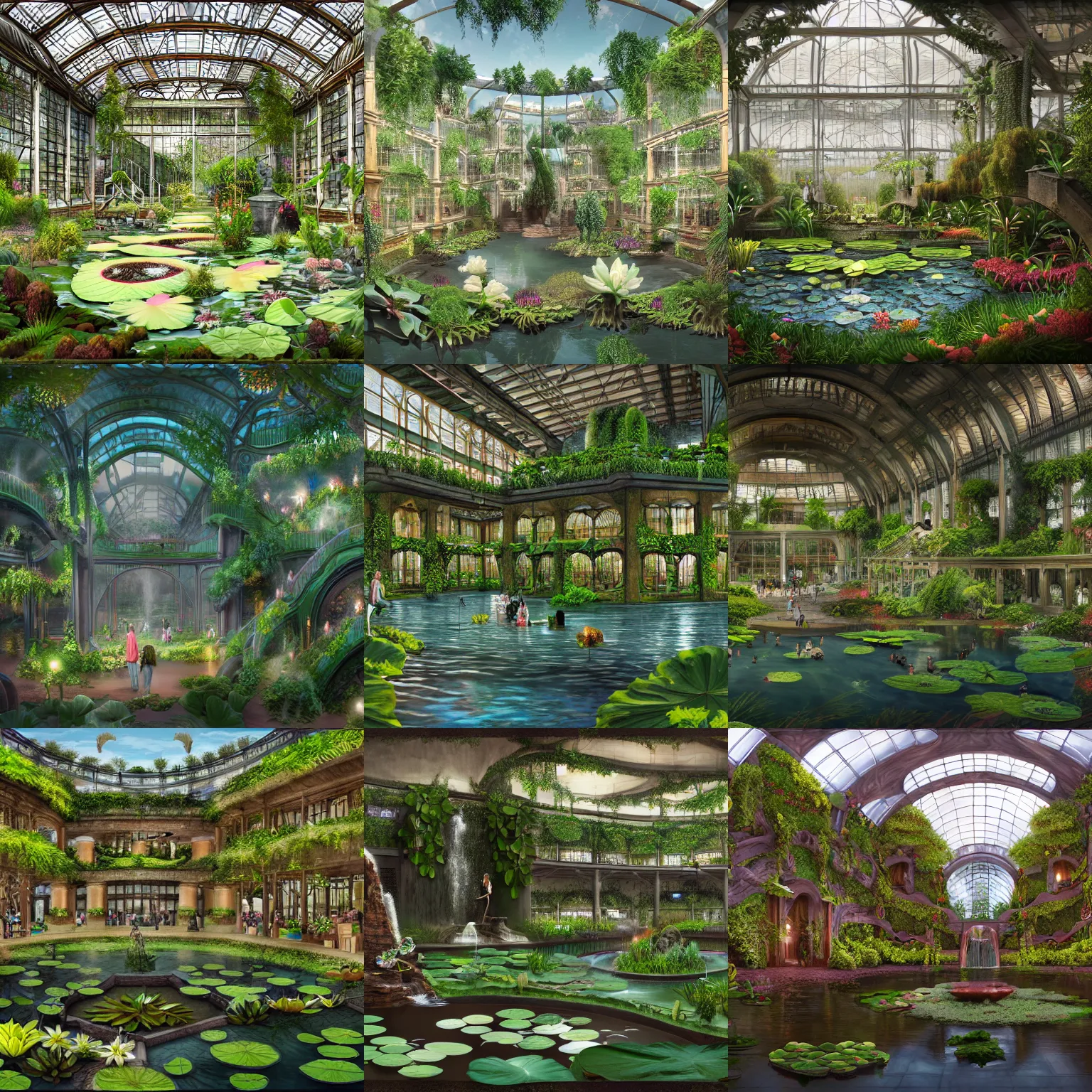 Prompt: Matte painting of the interior view of giant botanical museum. Water fountains and lily pads. Fantastical, detailed digital art trending in artstation