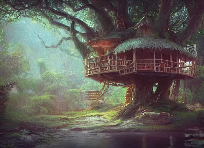 Image similar to detailed full body concept art illustration pastel painting of a treehouse, ultra detailed, digital art, octane render, dystopian, micro detail 4k