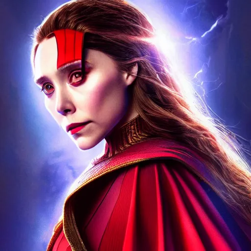 Image similar to A portrait of elizabeth olsen as scarlet witch from the movie doctor strange 2, cinematic, digital art, amazing detail