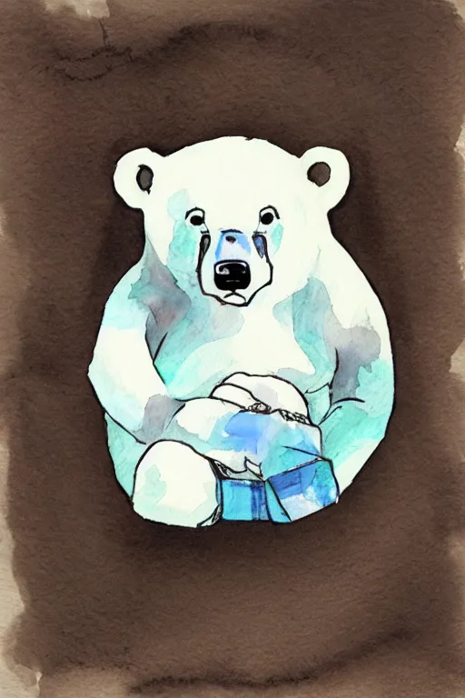 Image similar to a cute anime polar bear holding a thick dark ring, watercolor, white background, lovely