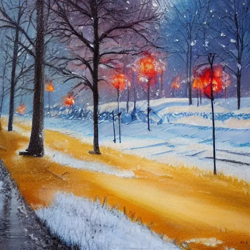 Prompt: painting depicting all four season in one, concept art, artstation, detailed, impressionism, oil on canvas, snow on the ground