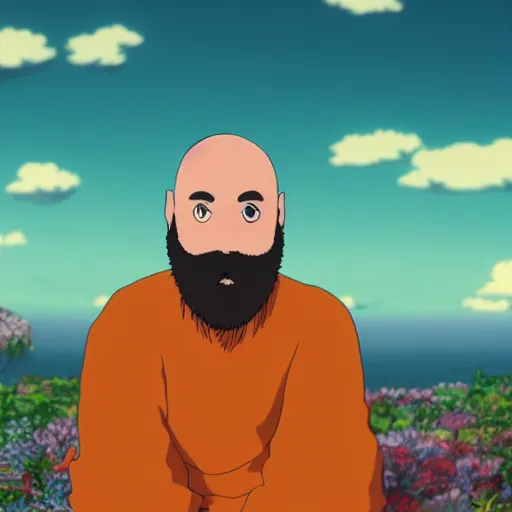 Prompt: bald man with a bright orange beard by studio ghibli, cinema still, 4 k