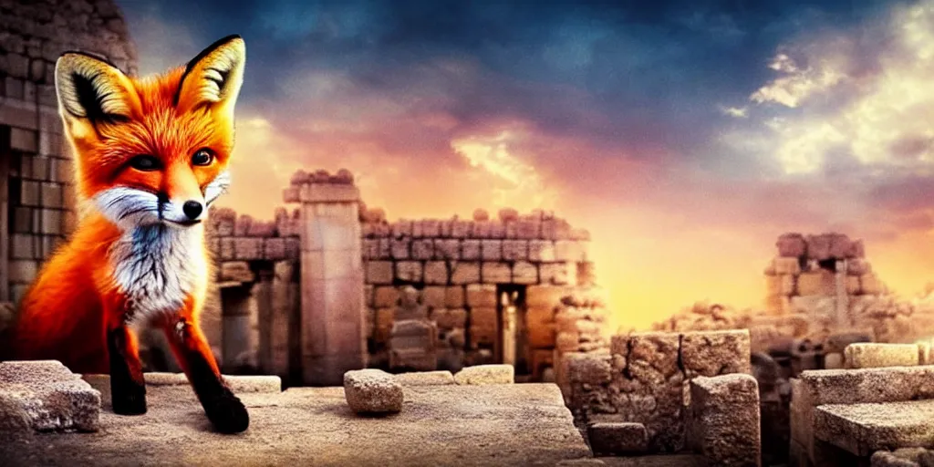 Image similar to a beautiful small fox in the huge ruins of the second temple in jerusalem, dreamy sky, the third temple hovers quietly hiding in the sky above, very colorful painting 8 k trending on art station, intricate superb details, digital art, very very very realistic, cinematic lighting, volumetric lighting, photographic, blur bokeh defocus dof sky.