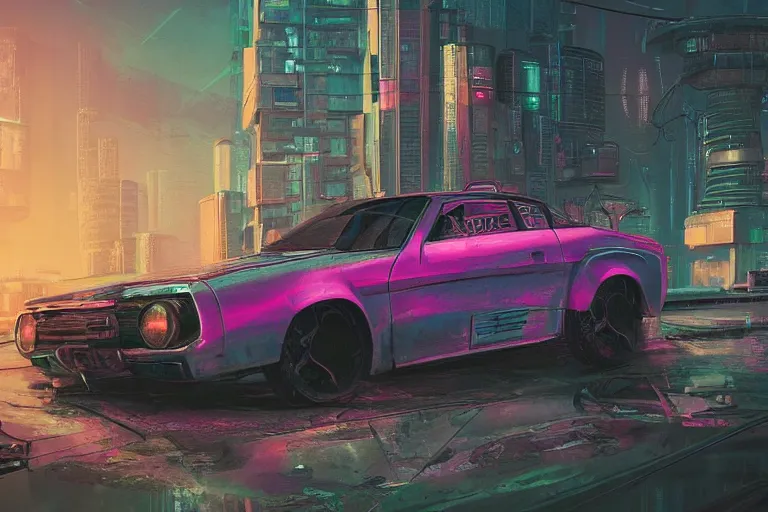 Image similar to cyberpunk synthwave an old soviet car in the soviet yard, intricate, elegant, concept art, smooth, sharp, focus, futuristic, cgsociety, in the style of artstation