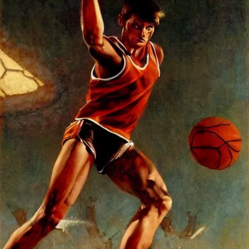 Prompt: samus aran playing basketball, extremely detailed masterpiece, roger deakin ’ s cinematography, oil on canvas, norman rockwell.