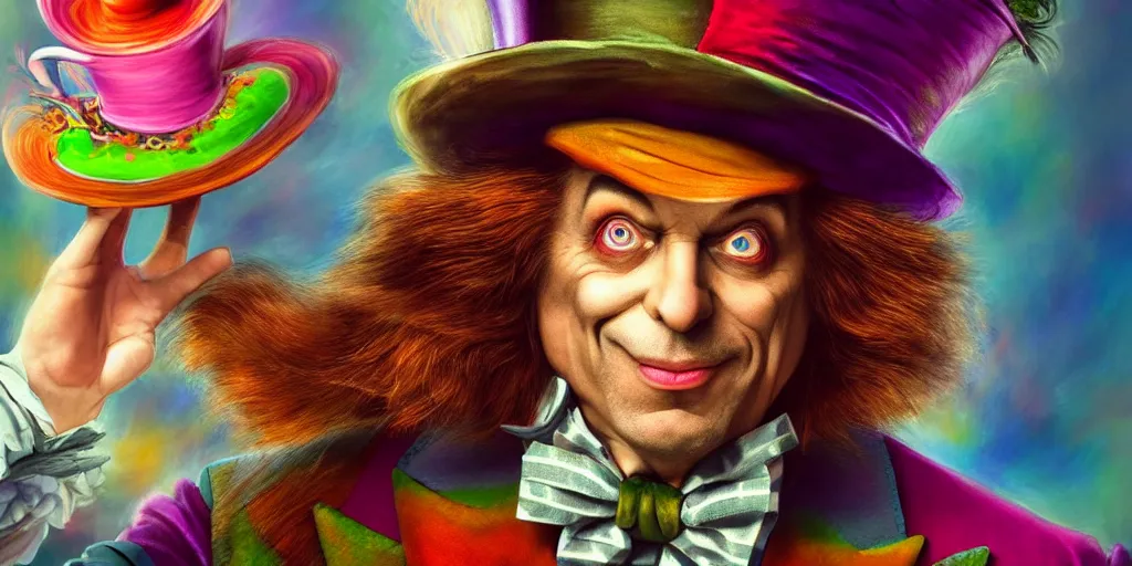 Image similar to The Mad Hatter portrait, Alice in wonderland, colorful, wide angle, super highly detailed, professional digital painting, artstation, concept art, smooth, sharp focus, no blur, no dof, extreme illustration, Unreal Engine 5, Photorealism, HD quality, 8k resolution, cinema 4d, 3D, beautiful, cinematic, art by artgerm and greg rutkowski and alphonse mucha and loish and WLOP