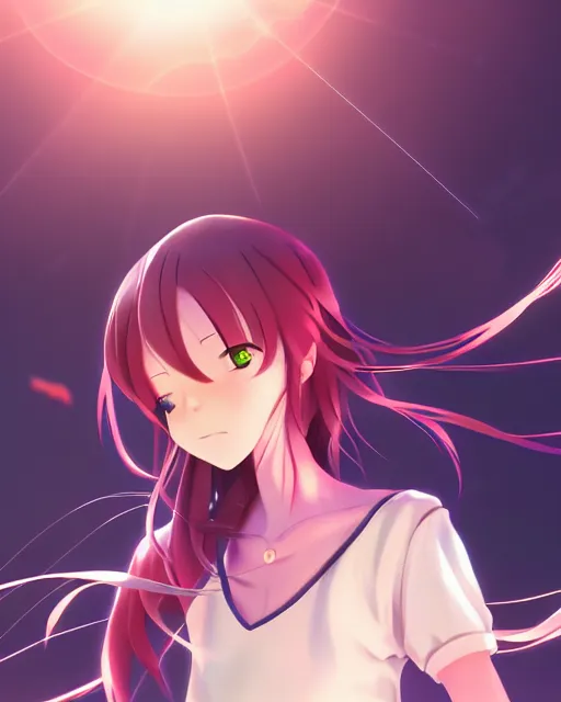 Image similar to anime style, vivid, expressive, full body, 4 k, a cute girl with white skin and long wavy hair humming a song, stunning, realistic light and shadow effects, centered, simple background, studio ghibly makoto shinkai yuji yamaguchi