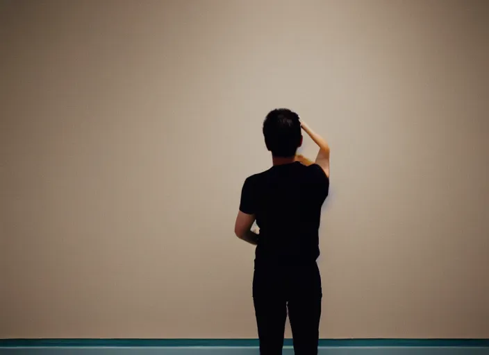 Prompt: a 2 8 mm macro photo from the back of a teacher standing in front of a blank chalkboard, symmetrical, bokeh, canon 5 0 mm, cinematic lighting, film, photography, depth of field, award - winning, bokeh