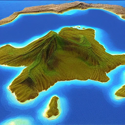 Image similar to highly realistic map of a large island with a dormant volcano in the middle, 8 k, hyperrealistic, nostalgic, ambient lighting, fantasy