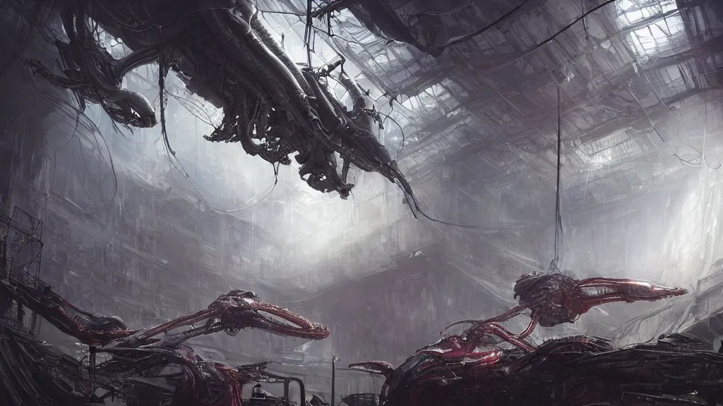 Prompt: a Photorealistic dramatic hyperrealistic,hyper detailed render by Greg Rutkowski,Craig Mullins,Nicolas Bouvier SPARTH, Juan Gimenez,Enki Bilal,ILM of an Epic Sci-Fi, Gigantic Alien xenomorph spaceship inside huge interior hangar,vibrant nature,anime style,intricate bio mechanical surface details,many tubes and cables hanging from the ceiling,Beautiful dynamic dramatic dark moody lighting,contrast and shadows,Volumetric,Cinematic Atmosphere,Octane Render,Artstation,8k