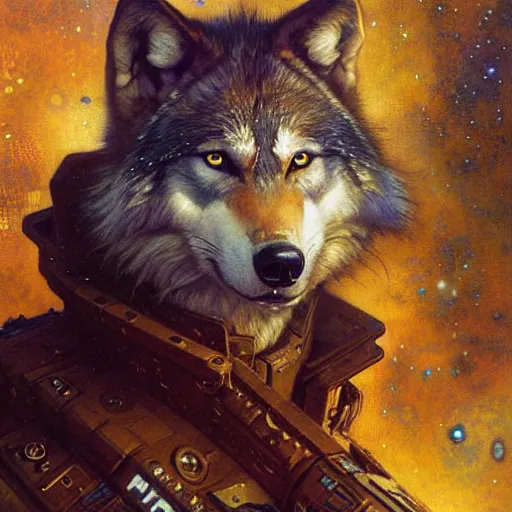 Image similar to portrait of a wolf in uniform starship stars. shadowrun furaffiniy cyberpunk fantasy highly detailed painting by gaston bussiere craig mullins jc leyendecker gustav klimt artgerm greg rutkowski john berkey, bergey, craig mullins, ruan jia, raymond swanland, jeremy mann, tom lovell, alex malveda