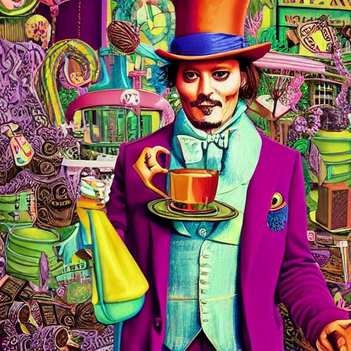 Image similar to Johnny Depp is covered in a blanket and drinking tea in Willy Wonka's Chocolate Factory, Illustration, Colorful, insanely detailed and intricate, super detailed, by Alexis Franklin