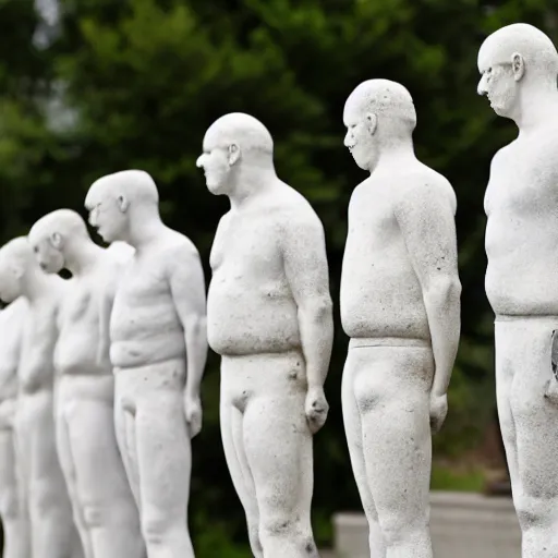 Prompt: a line of white stone male statures lined up