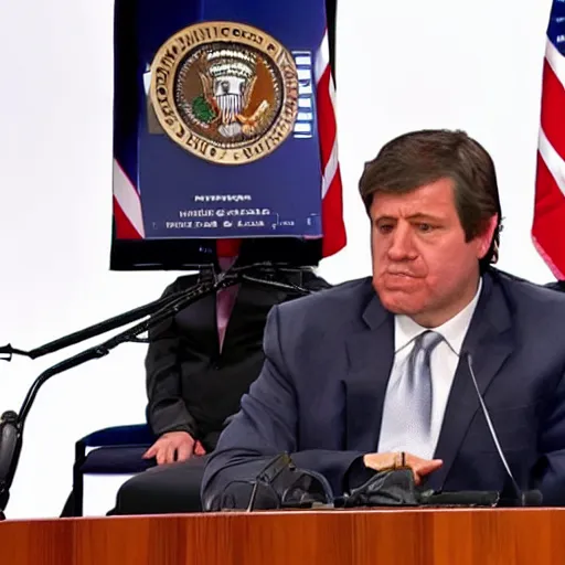 Image similar to press conference of a string marionette president in a podium