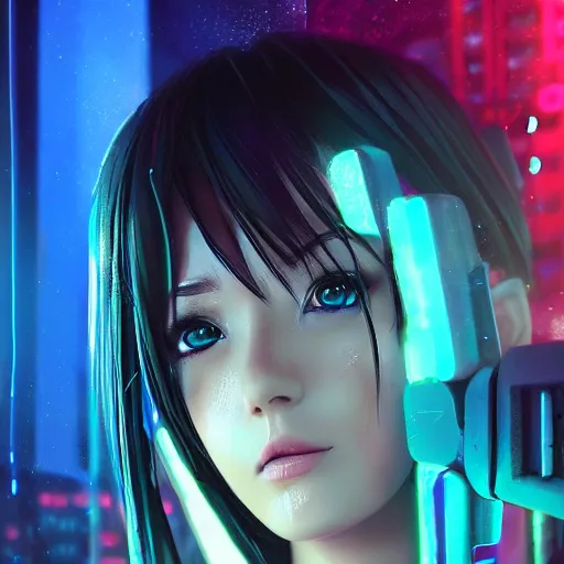 Prompt: anime woman portrait made out of rain, beautiful, stylish suit, cyberpunk background, neon, rendered in octane, unreal engine, matte painting, sharp focus, trending on artstation, futuristic, space, realistic