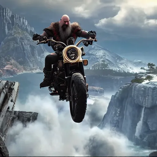 Prompt: kratos, with leviathan axe, jumping a black harley - davidson motorcycle off a cliff, cinematic render, playstation studios official media, god of war 2 0 1 8, harley - davidson