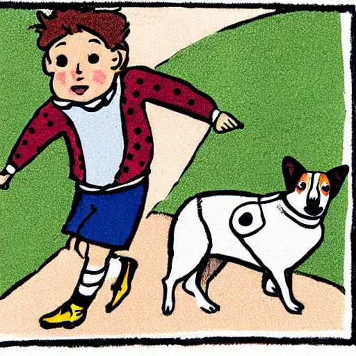 Image similar to illustration of french boy on the streets of paris playing football against a corgi, the dog is wearing a polka dot scarf, comic, 1 9 7 2