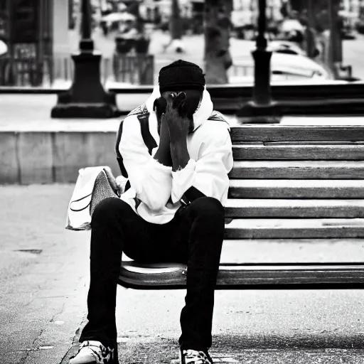 Image similar to black and white fashion photograph, highly detailed portrait of a depressed white drug dealer sitting on a bench on a busy Paris street, looking into camera, eye contact, natural light, rain, mist, lomo, fashion photography, film grain, soft vignette, sigma 85mm f/1.4 1/10 sec shutter