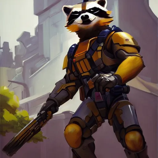 Image similar to greg manchess portrait painting of armored rocket raccoon as overwatch character, medium shot, asymmetrical, profile picture, organic painting, sunny day, matte painting, bold shapes, hard edges, street art, trending on artstation, by huang guangjian and gil elvgren and sachin teng