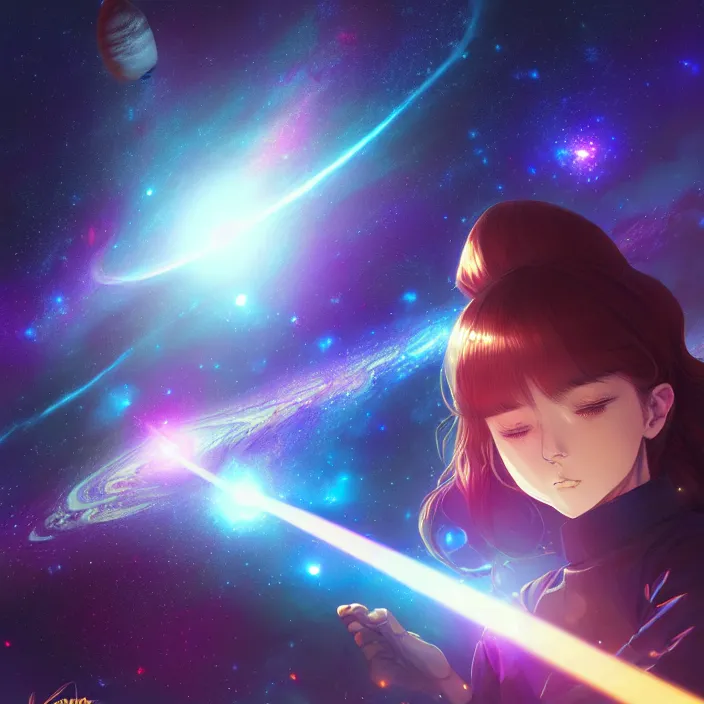 Image similar to thundering across the stars, planets, nebulae, cosmic, lens flare, anime style. realistic shaded lighting poster by ilya kuvshinov katsuhiro, magali villeneuve, artgerm, jeremy lipkin and michael garmash, rob rey and kentaro miura style, trending on art station, unreal engine, highly detailed, pixiv