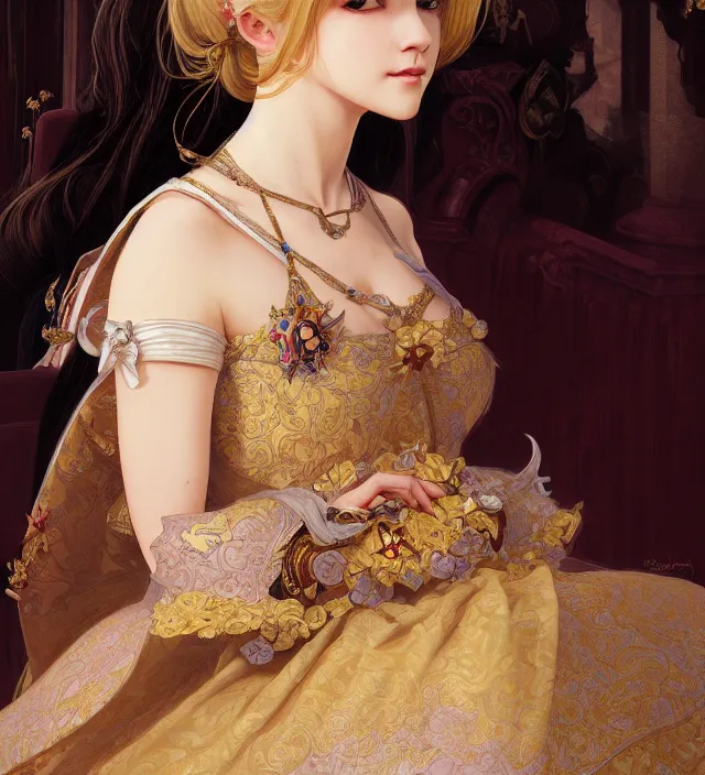 Image similar to portrait of of young beautiful female princess, d & d, baroque dress, elegant, flat lighting, intricate, highly detailed, digital painting, artstation, concept art, smooth, sharp focus, illustration, closeup, misa amane, art by simon bisley and greg rutkowski and alphonse mucha, natural tpose