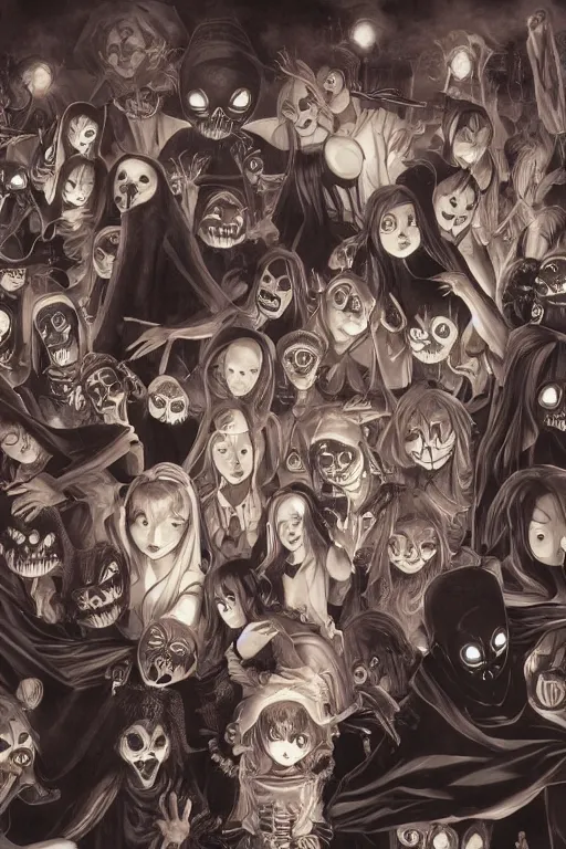 Image similar to spooky and creepypasta halloween night, symmetrical face, anime style, scenery wallpaper aesthetic, cinematic, dramatic, super detailed and intricate, hyper realistic, 4 k render, by artgerm, by kyoung hwan kim, by ralph mcquarrie, by yoshiyuki tomino