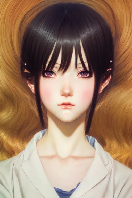 Image similar to portrait Anime girl, cute-fine-face, white-hair pretty face, realistic shaded Perfect face, fine details. Anime. realistic shaded lighting by Ilya Kuvshinov and Gustav Klimt