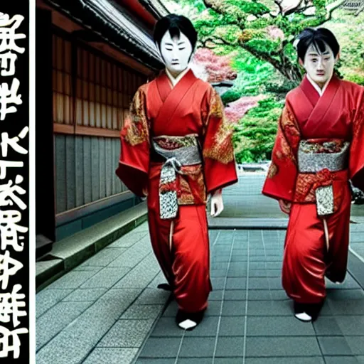 Image similar to a realistic photo of 2 japanese demons walking through kyoto, scary, realistic, high detail,