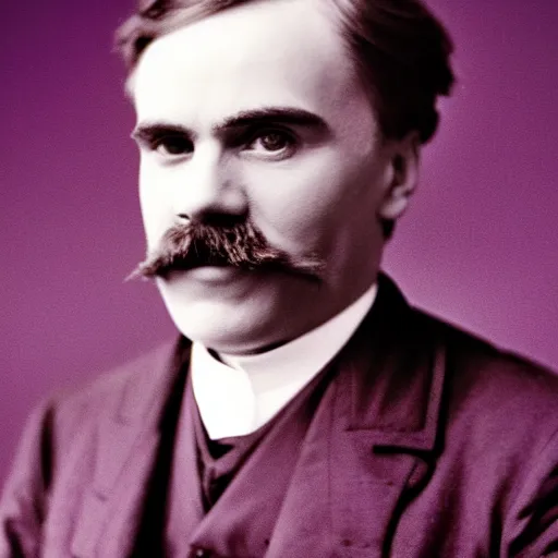 Image similar to friedrich nietzsche studio photography, purple background, smiling