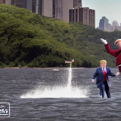 Prompt: donald trump tossing a small leprechaun in to the hudson river, hyper realistic, wide shot, photography, award winning, 8 k,