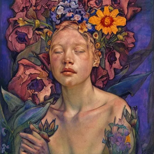 Prompt: flower queen, by annie swynnerton and tino rodriguez and nicholas roerich and lucien freud, dramatic lighting, floral tattoos, rich colors, smooth sharp focus, extremely detailed, adolf wolfli