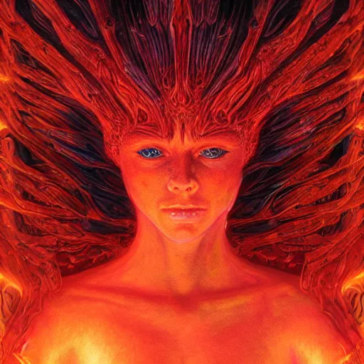 Prompt: A stunning portrait of a goddess, her body made of flames, by Wayne Barlowe, 8K UHD, intricate, fantasy, Trending on artstation.
